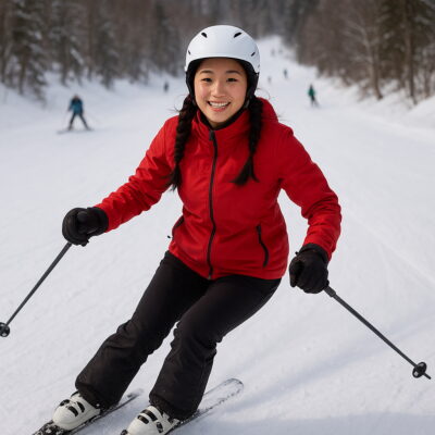 Alerting - Asian woman skiing