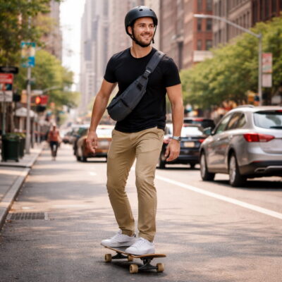Alerting - man skateboarding to work